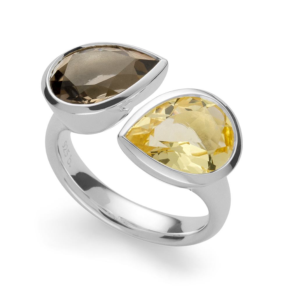 925/Ring,pol,Champagnerqrz. 2,74ct,Rauchqrz.2,94ct